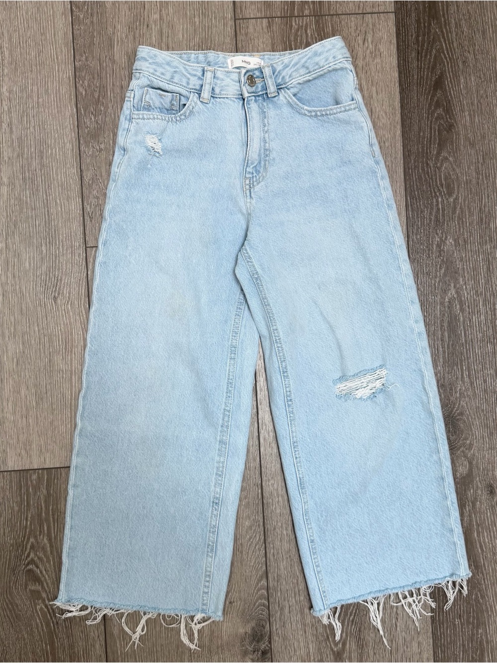 MANGO MNG KIDS WIDE LEG FRAYED RAW HEM DISTRESSED LIGHT WASH DENIM JEANS 10